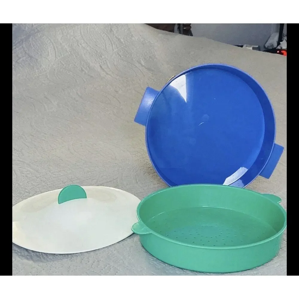 Vtg Tupperware Microwave Steamer Set Blue Green 3pc Veggie Cooker Strainer Lid